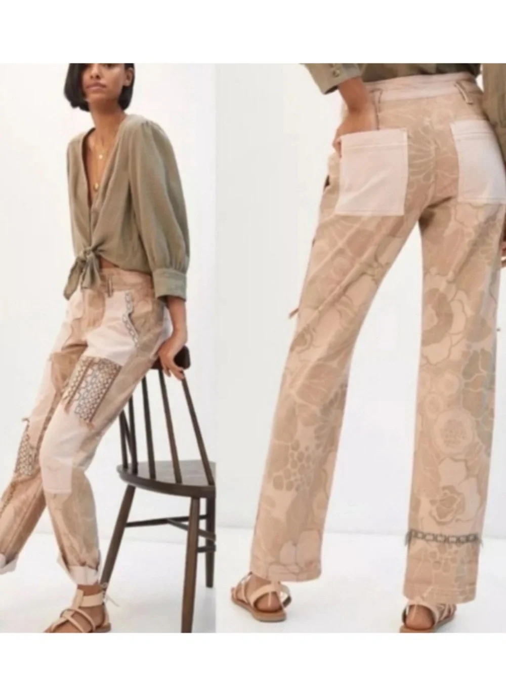 Anthropology’s Pilcro Neutral Patchwork Wide-Leg Jeans in Beige and Cream - Picture 2 of 15